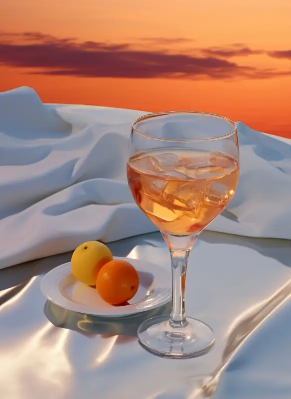 Verre de vin rosé sur glace avec tranches d'agrumes, devant un coucher de soleil orangé sur fond de tissu blanc